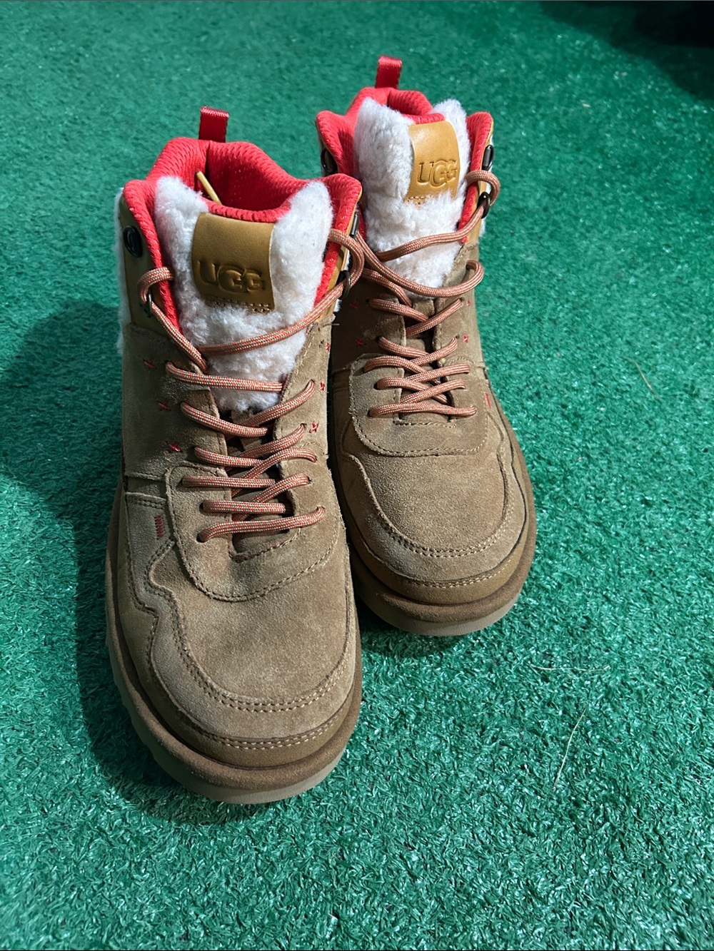 UGG Tan Suede Shearling-Lined Lace-Up Boots with Red Accents